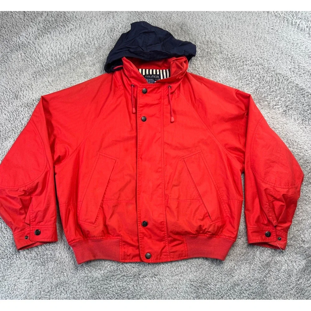 Vintage Nautica Harrington Red Full Zip Hooded Bomber Jacket L Striped Lining